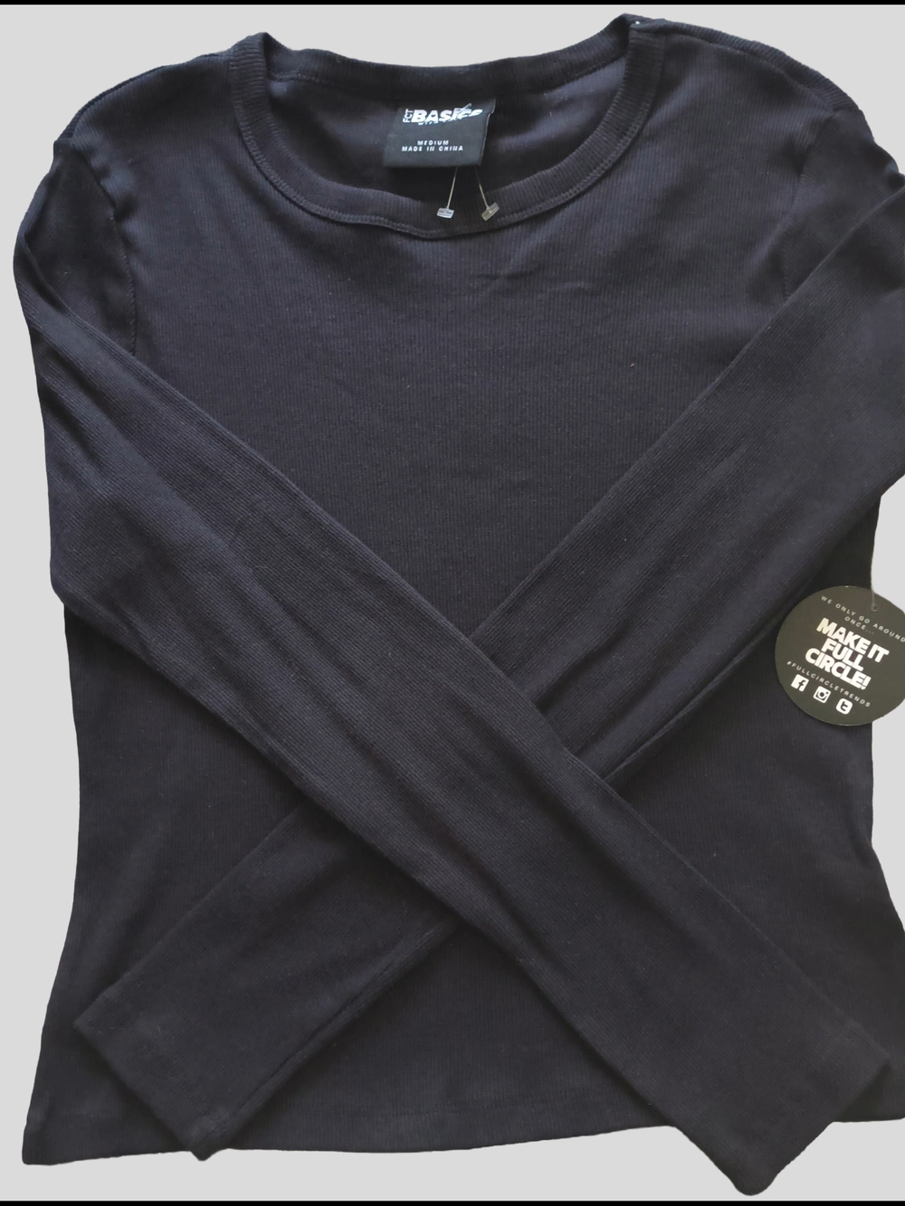 Full Circle Trends Black Long Sleeve Ribbed Crewneck Top